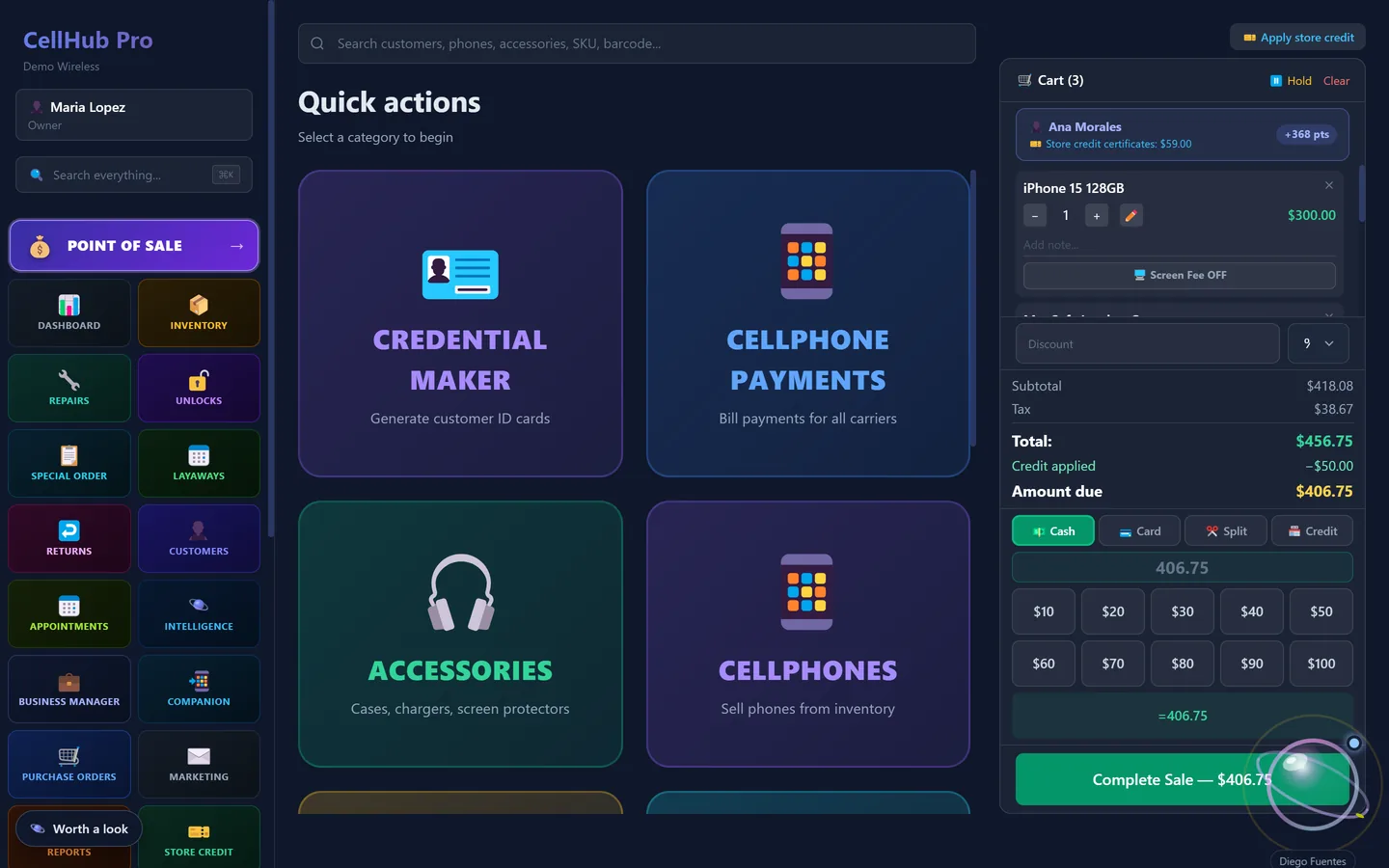 CellHub Pro Point of Sale with quick actions and a cart with an iPhone 15, a case and store credit applied, amount due $406.75 (demo data)