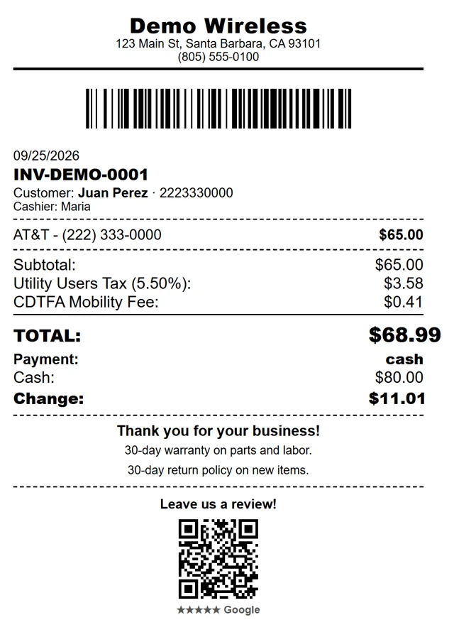 A real CellHub Pro receipt with demo data: Demo Wireless, invoice INV-DEMO-0001, customer Juan Perez, AT&T payment $65.00, Utility Users Tax $3.58, CDTFA Mobility Fee $0.41, total $68.99, cash $80.00, change $11.01, warranty and a Google review QR code